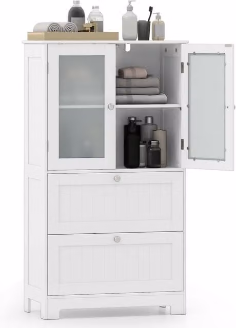 Costway Freestanding White Bathroom Storage Cabinet with Glass Doors and Internal Shelves and Drawers