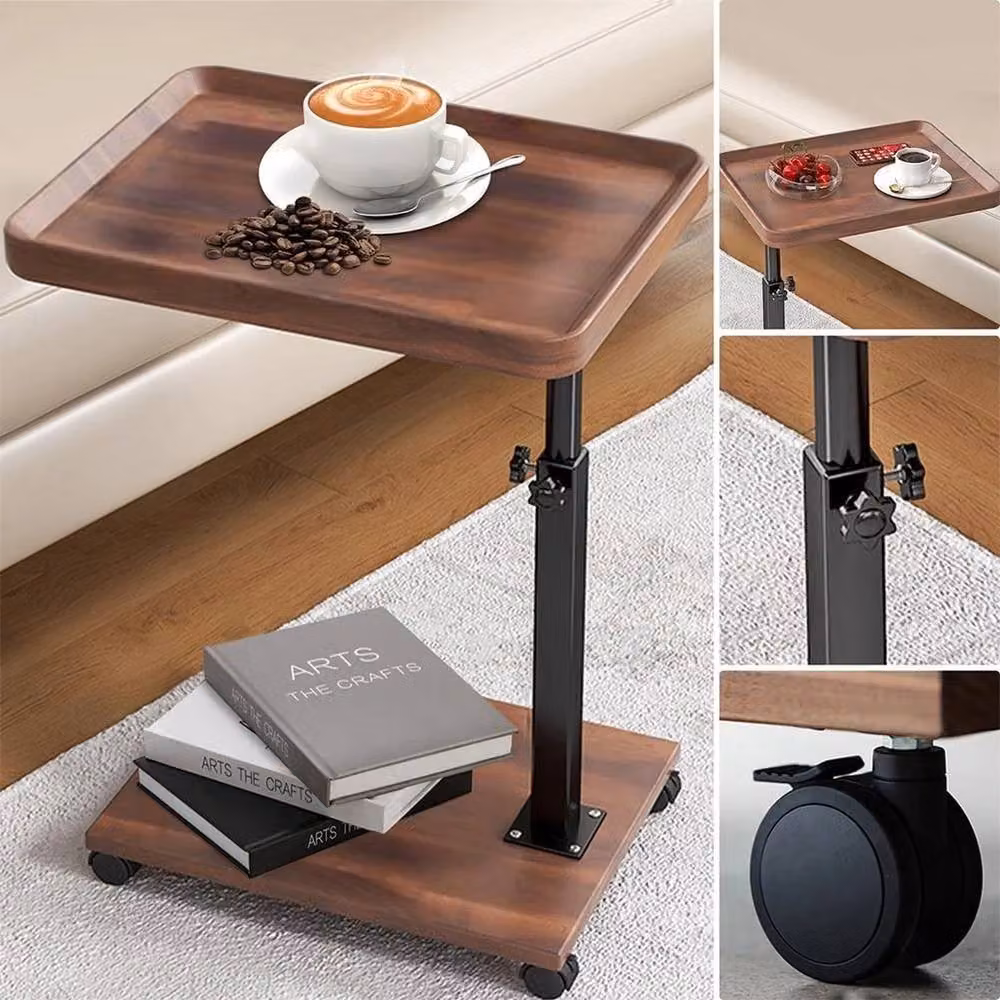 VOGREX Adjustable Height C-Shaped Swivel Side Table with Wheels, Brown – 4