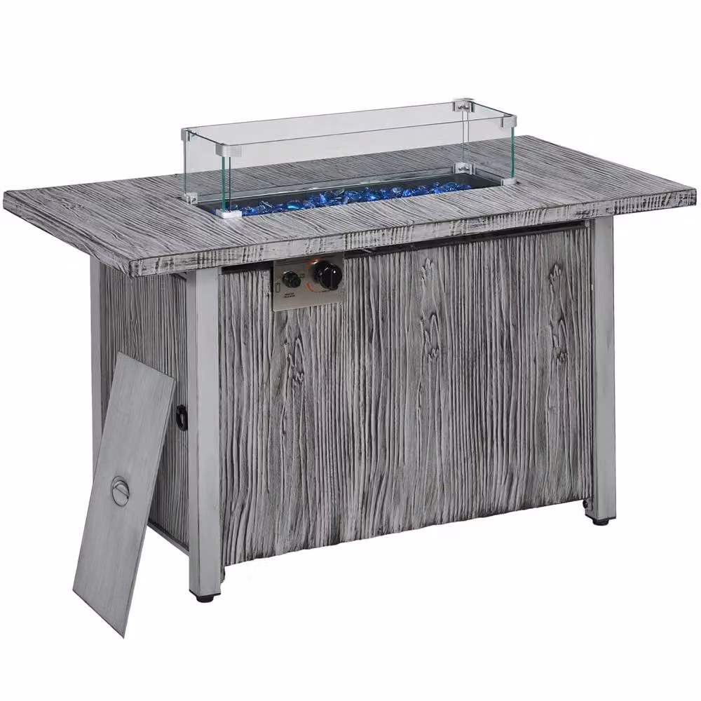 Wyld Haus Grey Wood Effect Steel Gas Fire Pit Table with Glass Screen and Cover W/D/H: 109 x 56 x 63 cm – 2