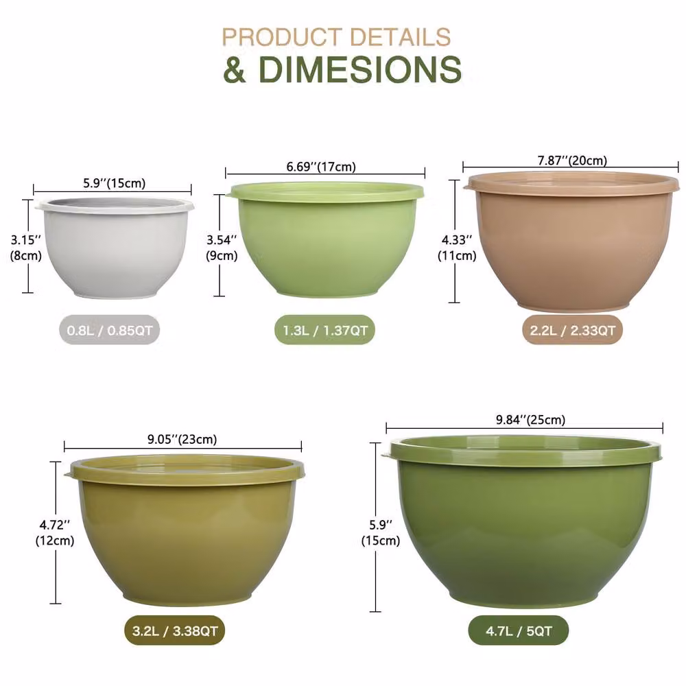 Greentainer 5-Piece Nesting Plastic Bowls with Snap Lids in Multicolour for Kitchen Storage – 3