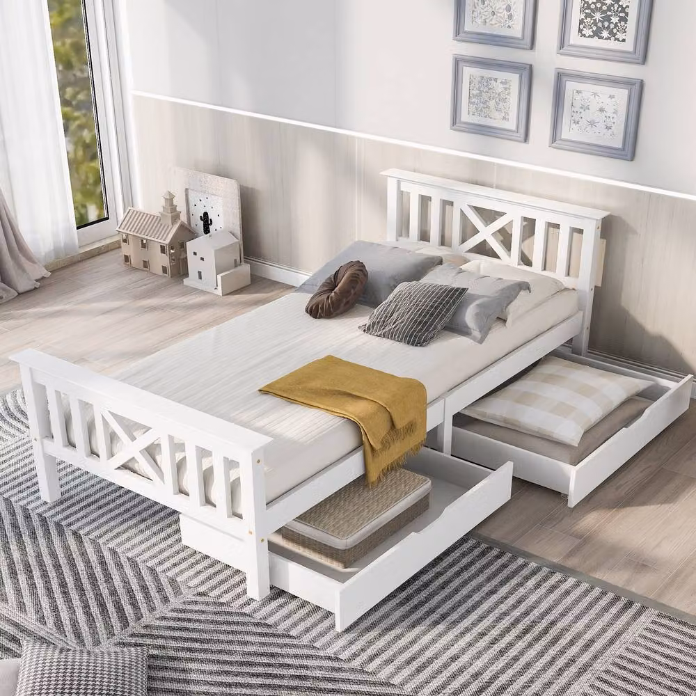 BTM White Solid Pine Bed Frame with Storage Drawers, W/D/H: 90 x 190 cm – 2