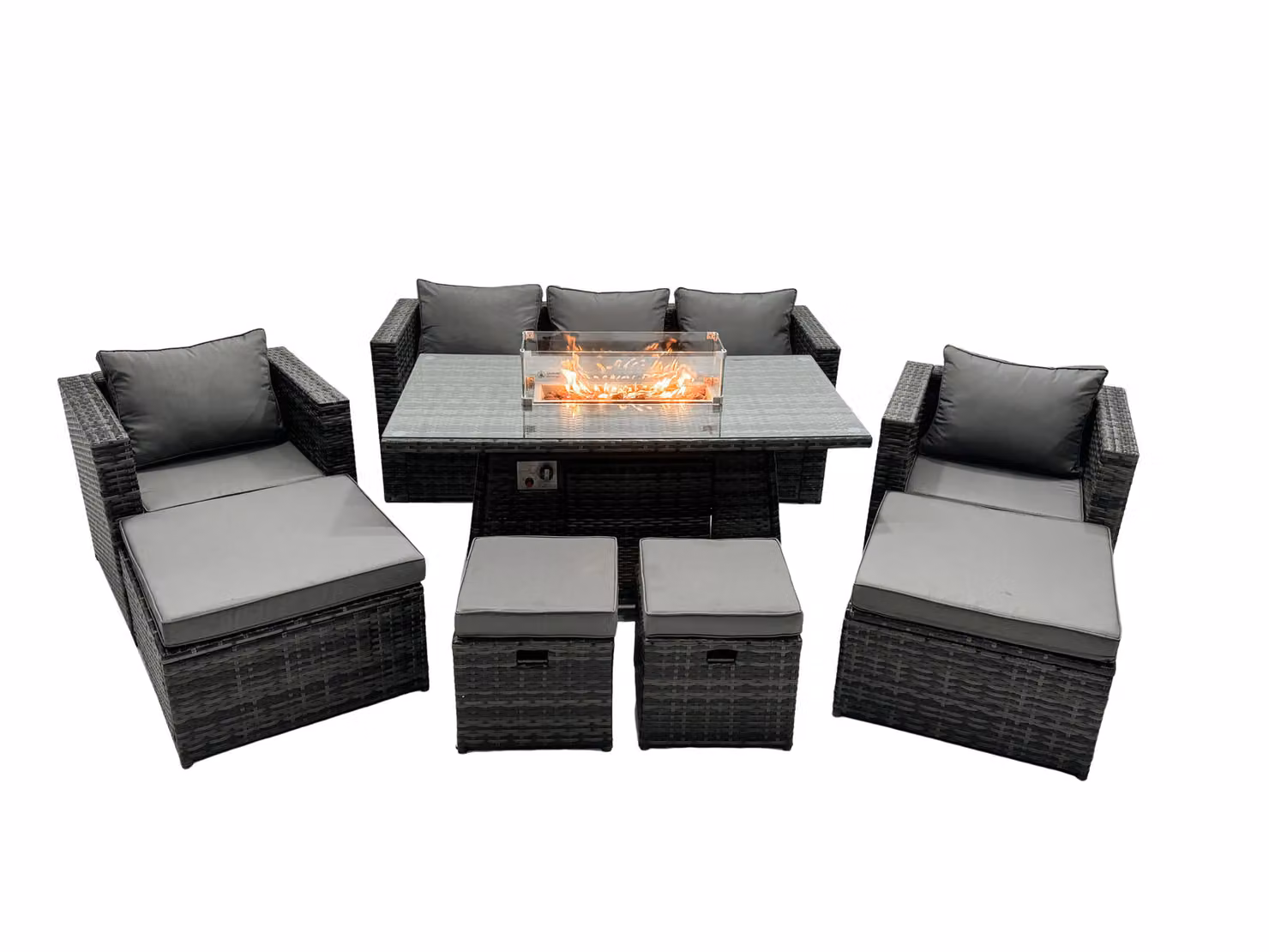 Fimous 9 Seater Rattan Garden Furniture Firepit Dining Set with Lounge Sofa, Table and 2 Footstools in Dark Grey – 2