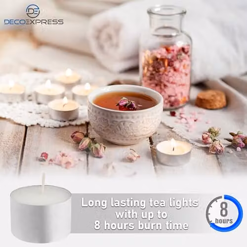 Deco Express Unscented White Tealight Candles, 8 Hour Burn Time, Pack of 50 – 2