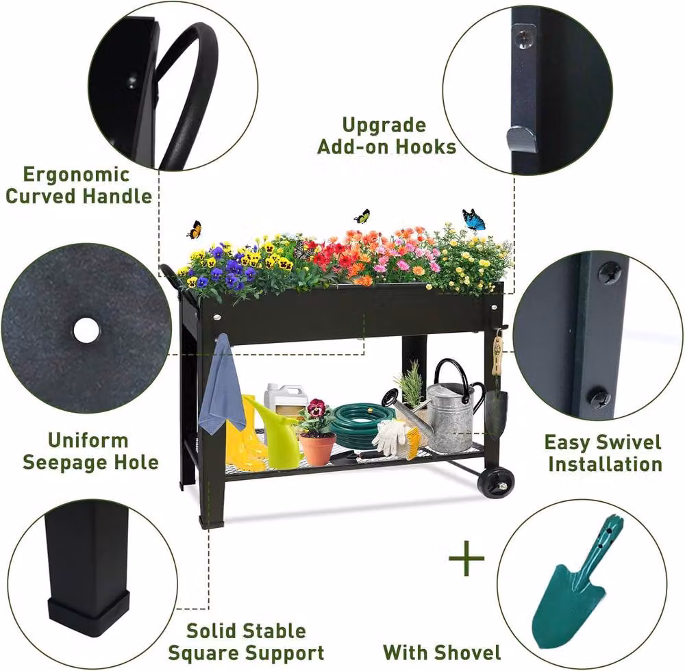 Huhote Metal Raised Garden Bed with Legs and Storage Shelf, Black Outdoor Planter Box – 3