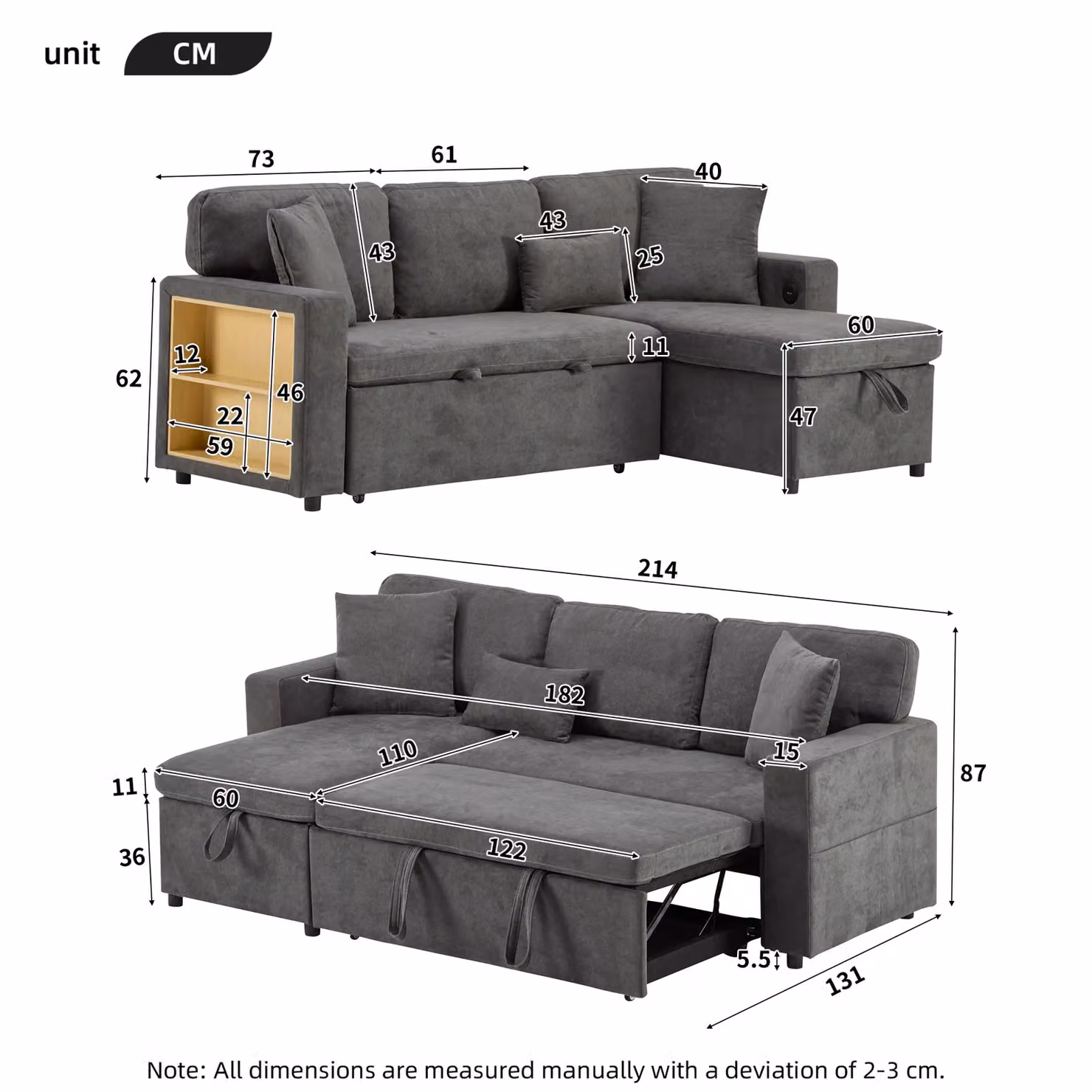 Matteo Reversible L-Shaped Corner Sofa Bed with Storage and USB Charging in Grey – 3