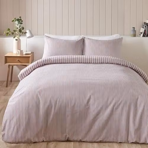 Catherine Lansfield Double Reversible Brushed Stripe Cotton Flannelette Duvet Cover Set with Pillowcases, Blush Pink, Duvet Cover: 200 x 200 cm, Pillowcases: 50 x 75 cm