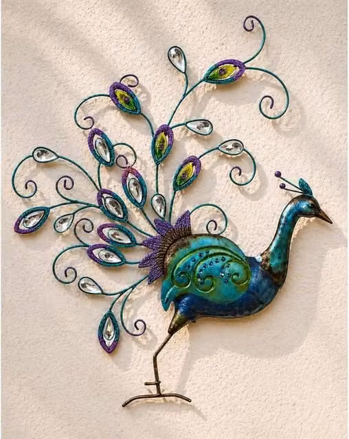 SPOT ON DEALZ Hand Finished Multicolour Diamante Peacock Metal Wall Art with Jewel Details