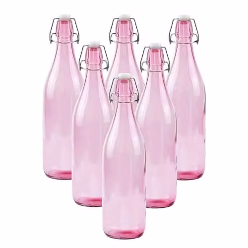 Simpa Set of 6 Pink and White Traditional Vintage Style Glass Bottles with Swing Top Lids, 1 l