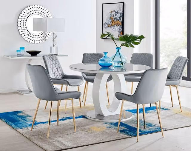 FurnitureboxUK Giovani Round Grey Glass Dining Table with 4 Pesaro Gold Leg Chairs, Diameter: 120 cm