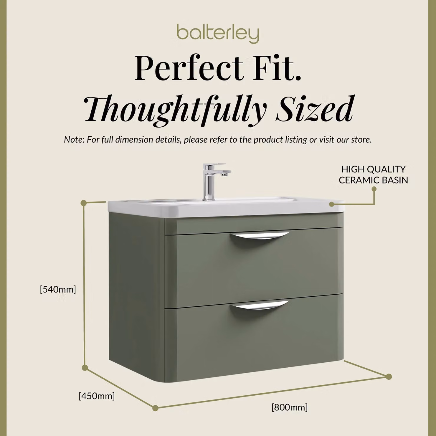 Balterley Contemporary Wall Hung 2 Drawer Bathroom Vanity Unit, Green, W: 81.0 cm – 3