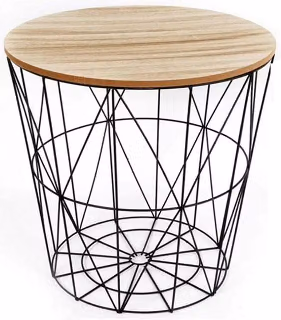 VOGREX Modern Round Black Metal Wire Side Table with Wooden Top and Storage Basket