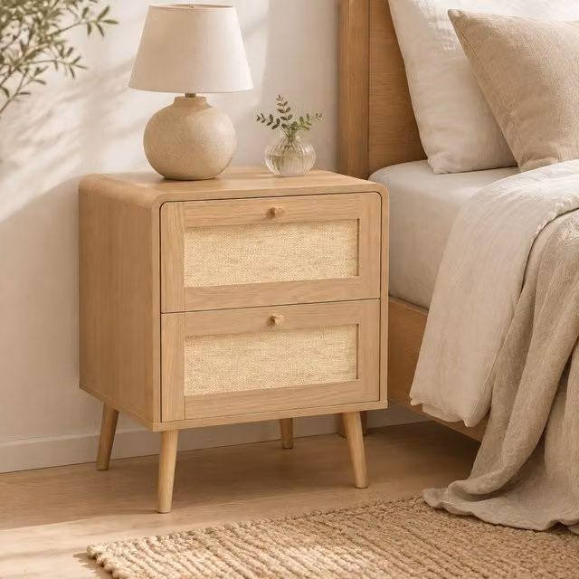 STILVORA Set of 2 Modern Bedside Tables with 2 Drawers in Natural Oak and Rattan