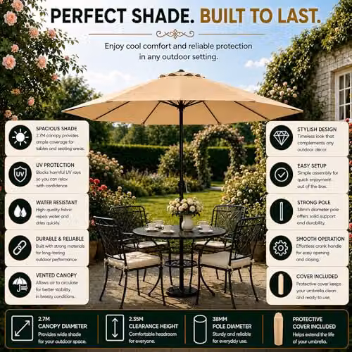 GlamHaus Garden Parasol Umbrella in Sand with UPF 40 Protection and Cover – 8