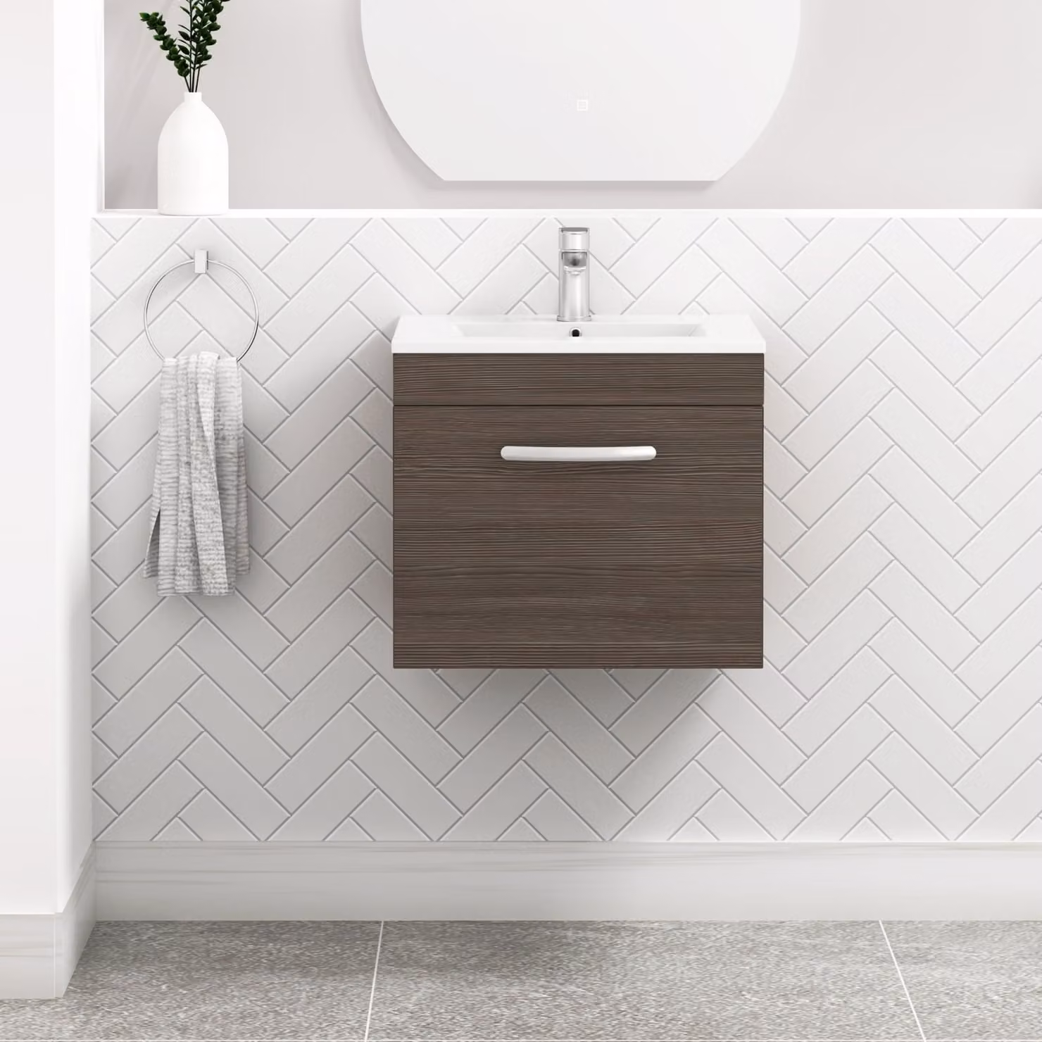 Royal Bathrooms Turin Grey Elm Wall Hung 1 Drawer Vanity Unit with Minimalist Basin
