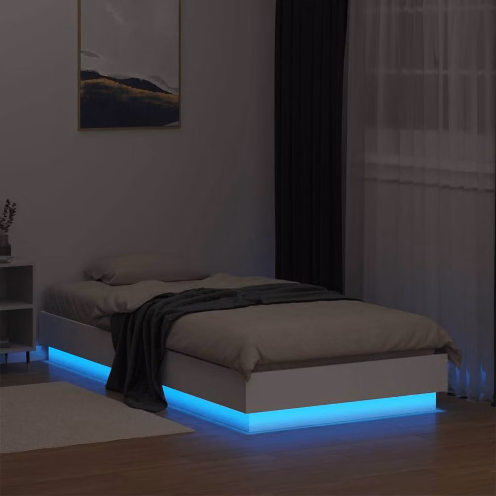 Berkfield Home Modern Small Single Bed Frame in White with LED Under-Bed Lighting and USB Charging Port – 3