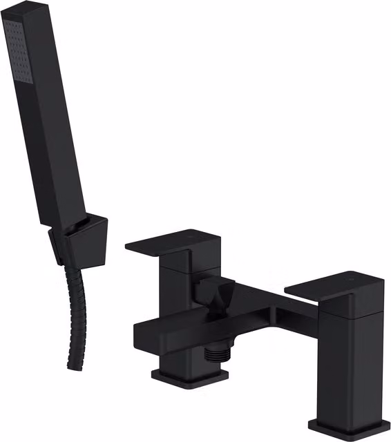 Balterley Square Bath Shower Mixer Tap with Dual Levers and Shower Kit, Matt Black, W/D/H: 22.8 x 15.2 x 11.9 cm – 1