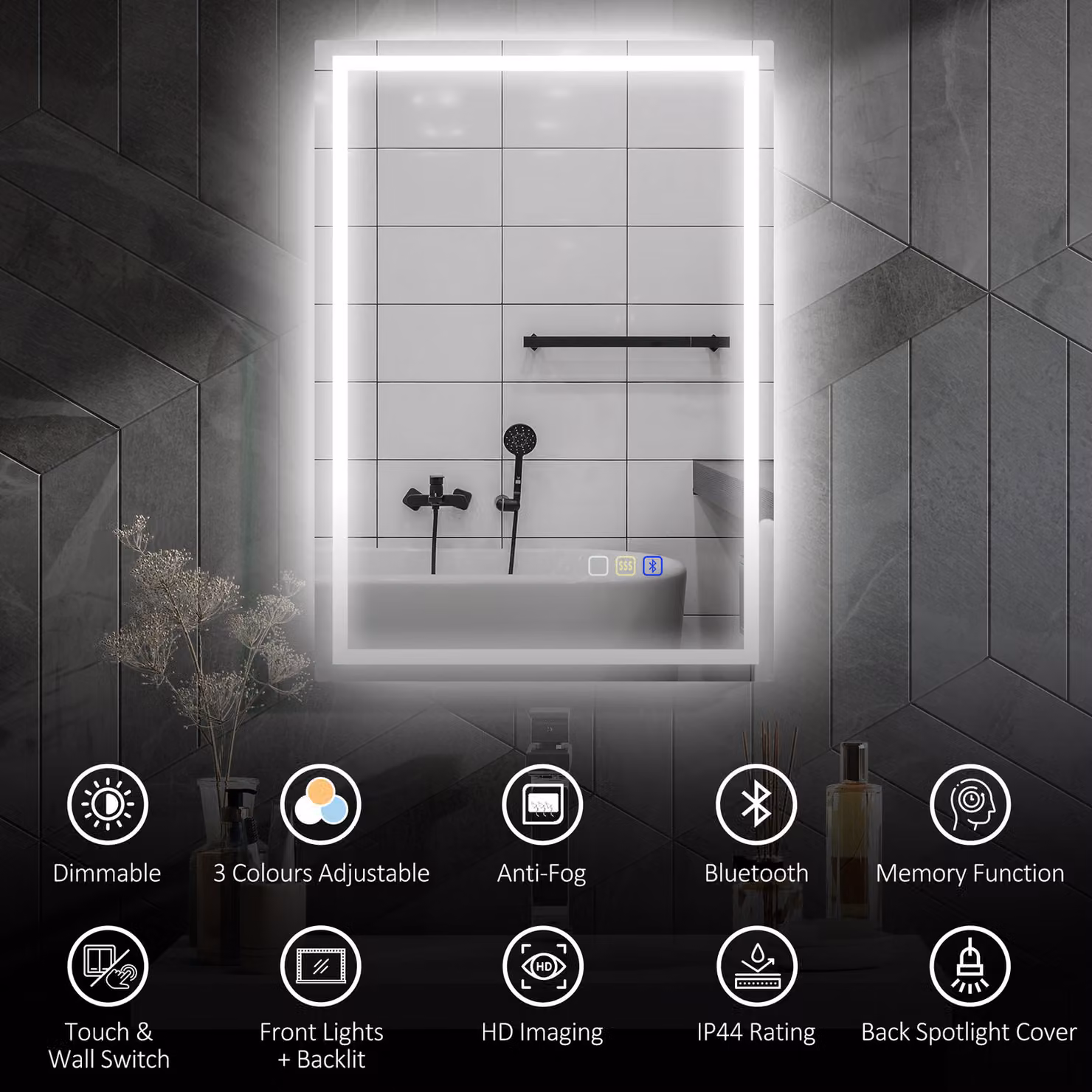 HOMCOM Silver LED Bathroom Mirror with Bluetooth, Anti-Fog and Touch Control, W: 50 cm, H: 70 cm – 4