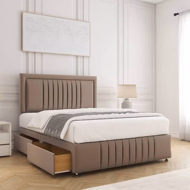 BSSPOKE Lily Super King Plush Velvet Divan Bed with 24 inch Headboard, Footboard, 4 Drawers and Mattress in Bronze, W/D/H: 200 x 200 cm