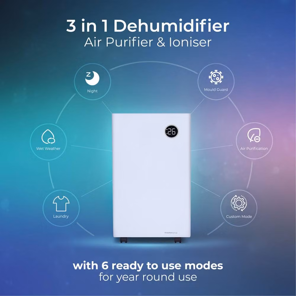Masterplug SmartEnergy 3 in 1 20L Dehumidifier, Air Purifier and Ioniser in White with App Control – 3