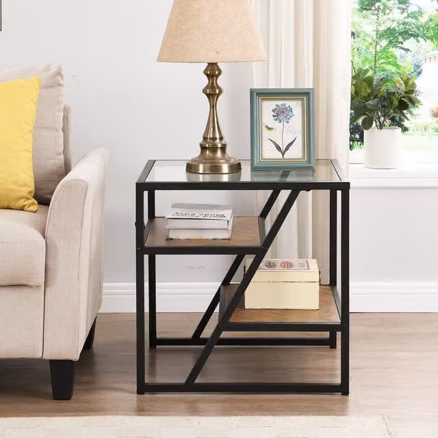Artemis Home Cascade Square Side Table with Transparent Glass Top and Brown Wood Base