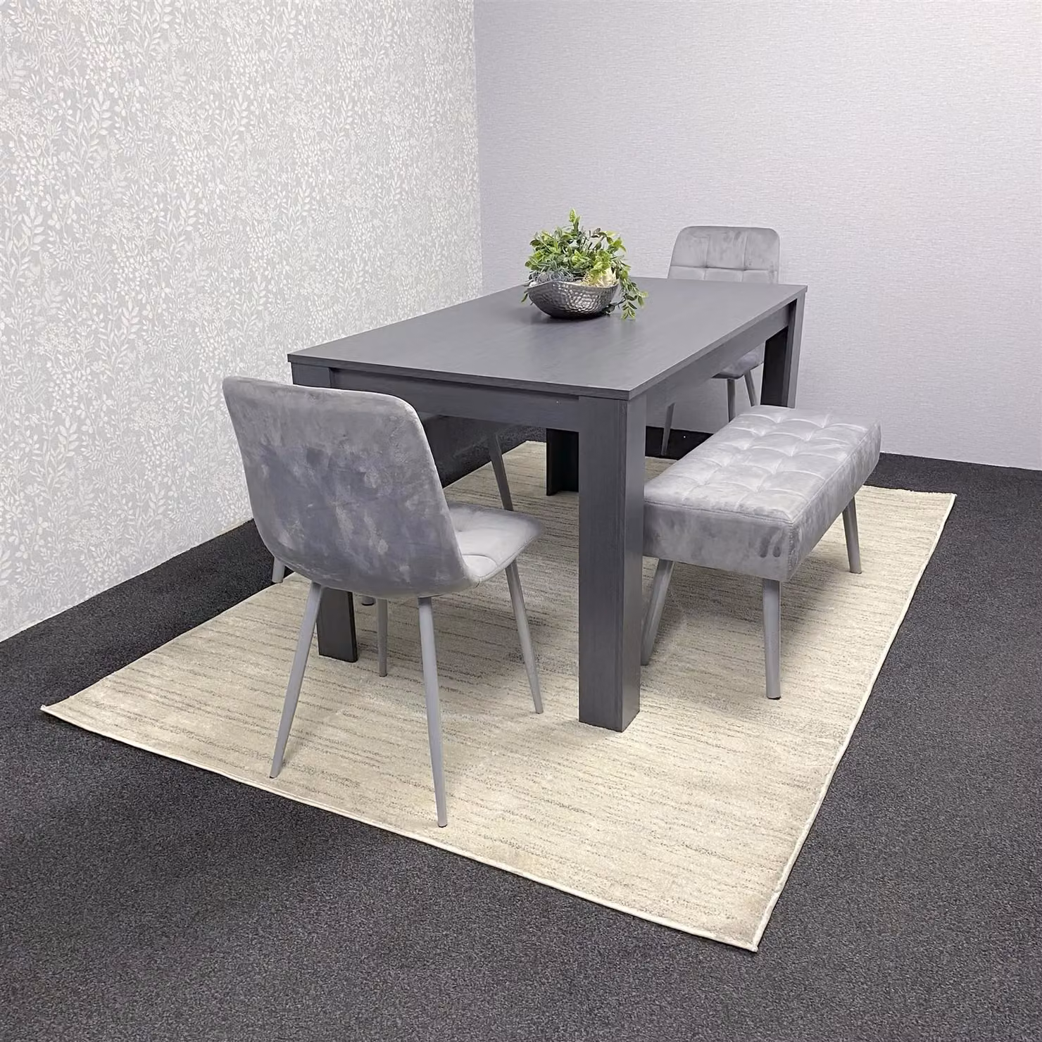 KOSY KOALA Modern Dining Table Set with 2 Grey Velvet Chairs and 2 Grey Benches in Brown – 2