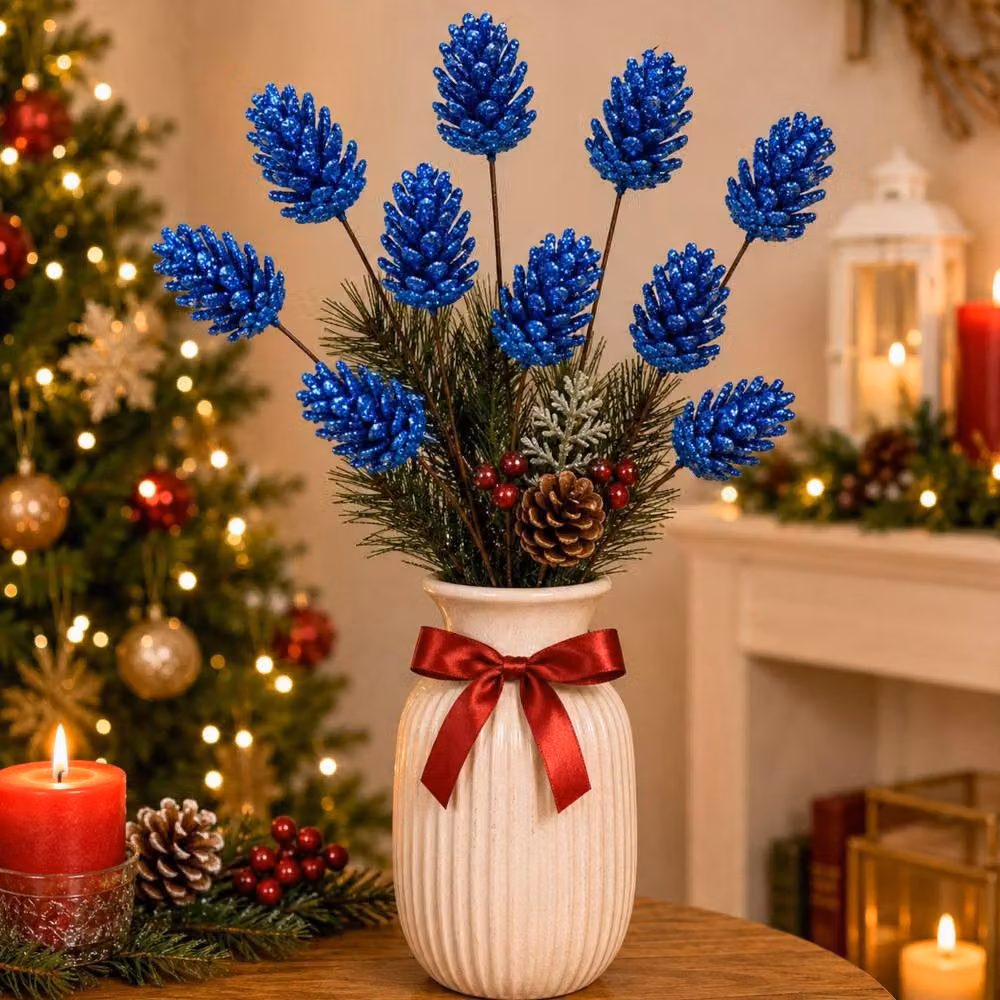 Shatchi Glitter Dark Blue Pine Cone Christmas Picks, 12 Pack, Height: 58 cm – 2