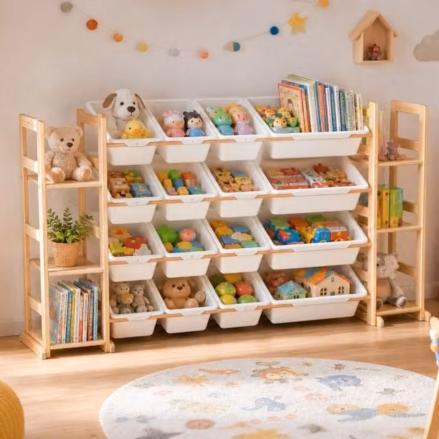 GALACTICA Kids Wooden Toy Storage Organizer and Bookshelf with Storage Bin, Yellow and White, Width: 152.91 cm