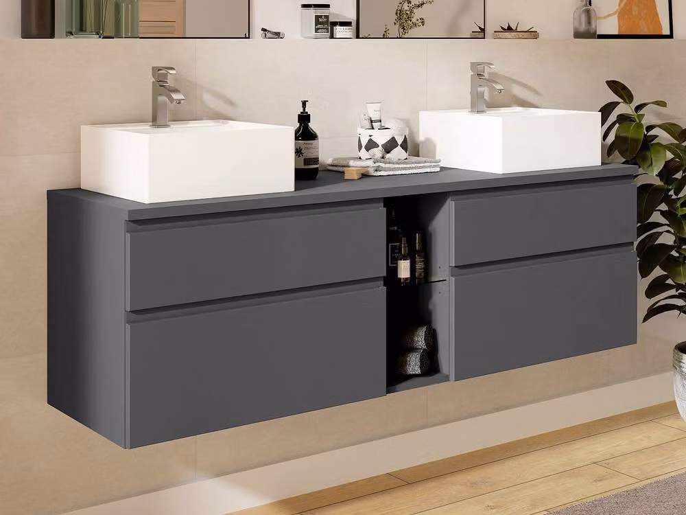 Vente-unique Modern Wall-Mounted Grey Vanity Unit with Double Washbasin, W: 150 cm, D: 50 cm, H: 46 cm – 3