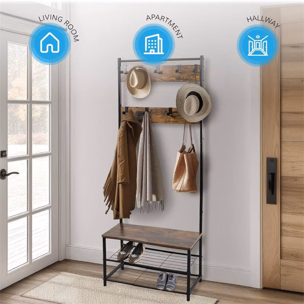 PAWNORA Hall Tree with Bench and Shoe Storage, Light Rustic Brown – 2