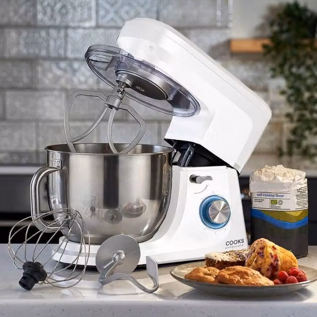 Cooks Professional Stand Mixer 1200W with 6 Speeds, Pulse Function and 7L Mixing Bowl in White