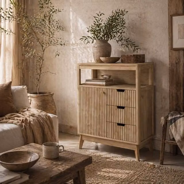 Wyld Haus Cova Vira Natural Wood Sideboard with 3 Drawers and Adjustable Shelf in Brown – 1