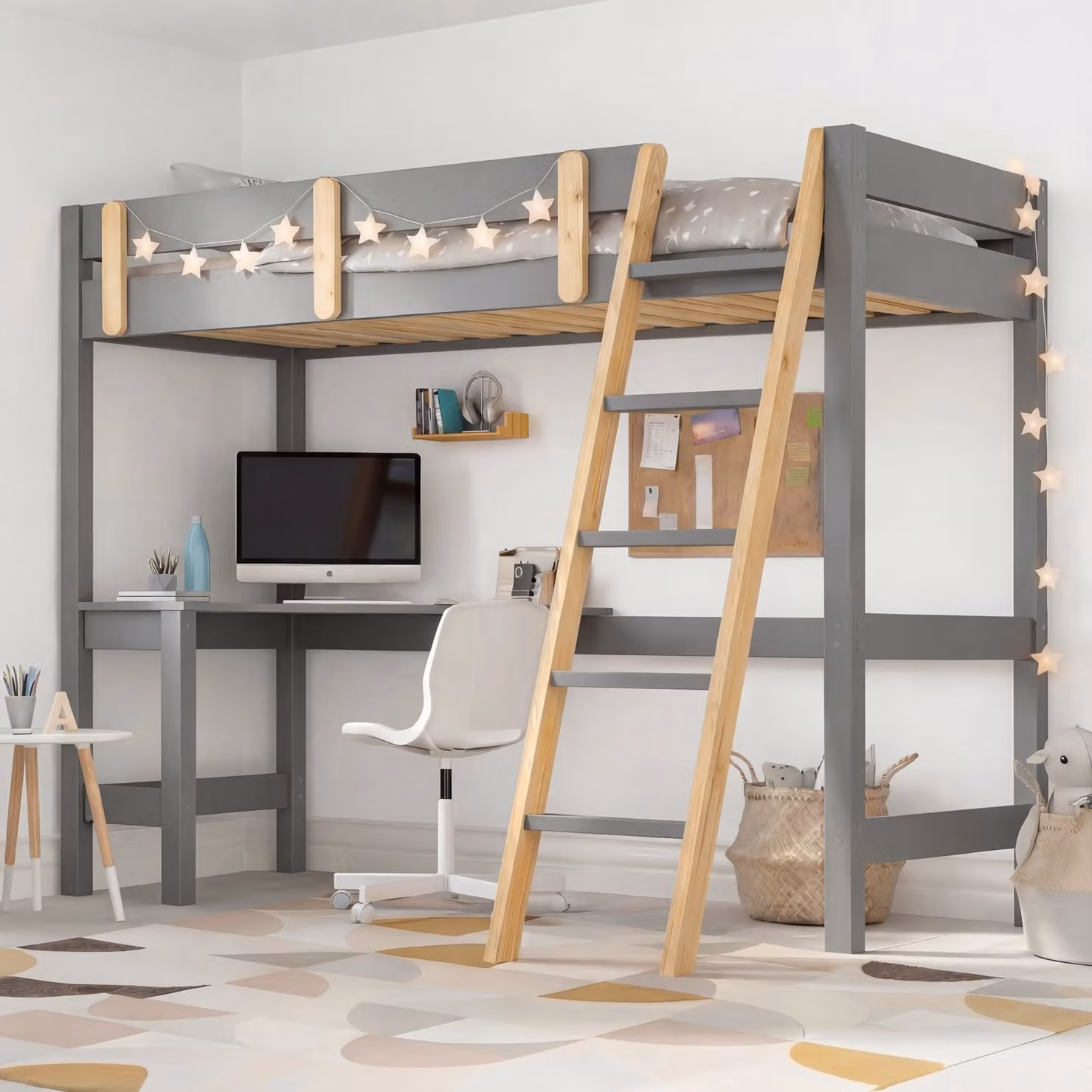 DHS Grey and Pine Solid Wood High Sleeper Loft Bed Frame with Desk for Children, H: 180.5 cm x W: 90 cm x D: 159 cm