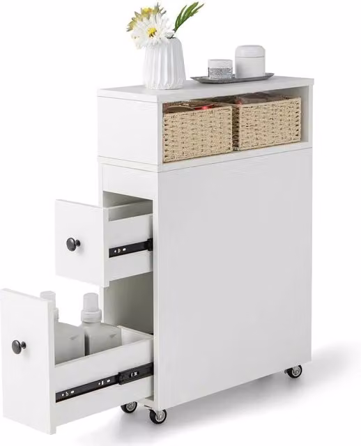 VOGREX White Movable Narrow Bathroom Cabinet with 2 Drawers and Rattan Detail