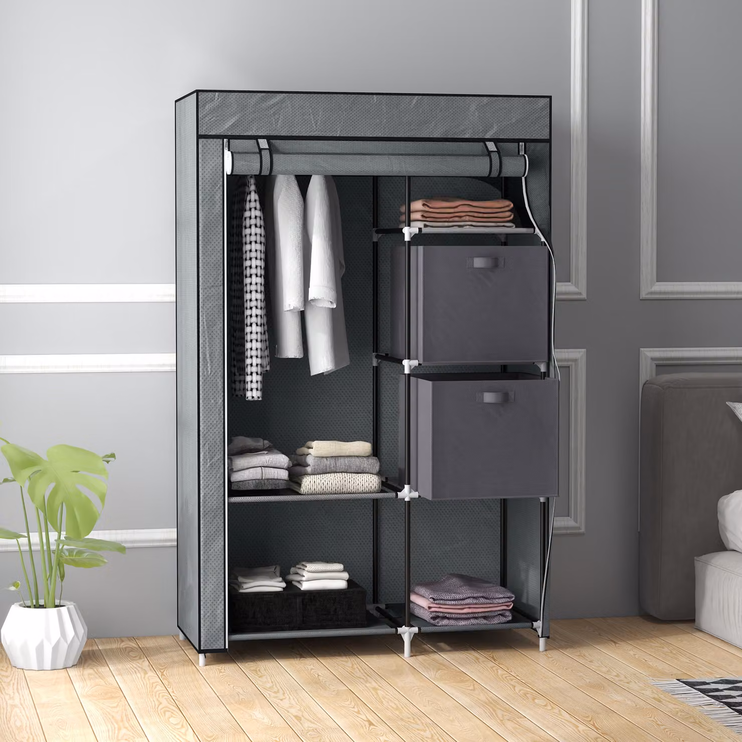 HOMCOM Portable Fabric Wardrobe with Hanging Rail and 2 Drawers, Dark Grey, W/D/H: 102 x 42.5 x 162.5 cm – 2