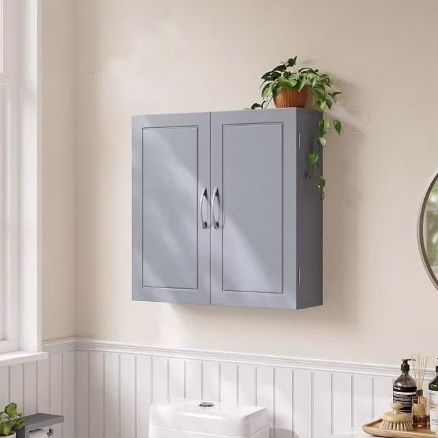 VASAGLE Wall Mounted Grey Bathroom Cabinet with Hinged Doors and Internal Shelves