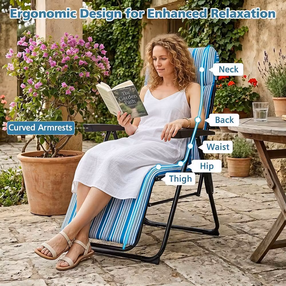 Gymax Blue Striped Foldable Sun Lounger Recliner with Adjustable Headrest and Armrests – 6