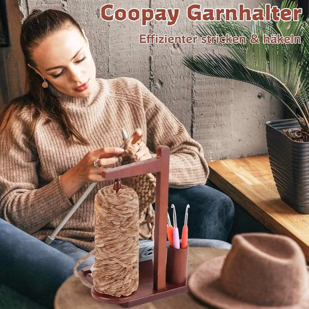 FLAVORA Brown Wooden Multi-Functional Rotating Yarn Holder and Phone Stand, W: 50.0 cm x H: 19.0 cm – 3