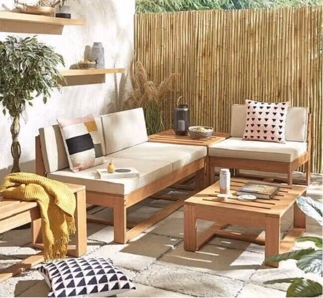 Seville L-Shape Corner Sofa Set with Outdoor Coffee Table and Beige Fabric Cushions in Natural Treated Hardwood