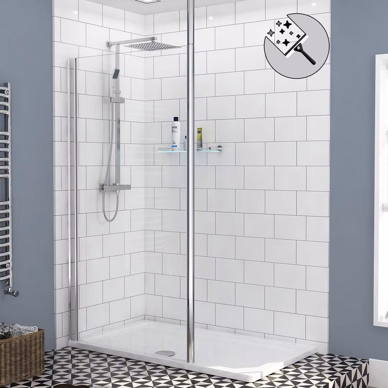 Royal Bathrooms Marbella Walk In Wet Room Shower Screen with Ceiling Post, 8mm Clear Easy Clean Glass, Width: 185 cm