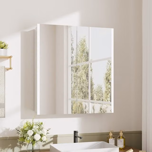 Livingandhome Modern White 2-Door Wall Mounted Bathroom Mirror Cabinet with LED Lighting, Shaver Socket and Anti-Fog Feature