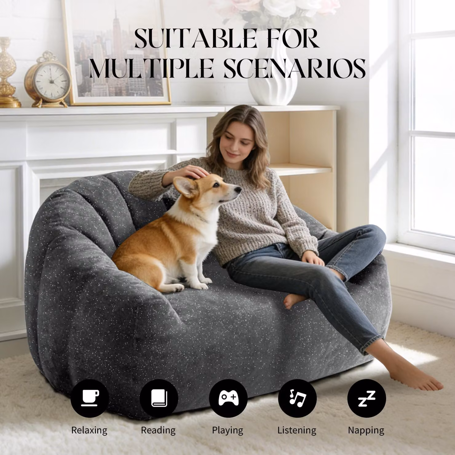 Aosom UK Oversized 2 Seater Bean Bag Sofa in Grey Glitter Plush with High-Density Sponge, W/D/H: 98 x 140 x 61 cm – 5