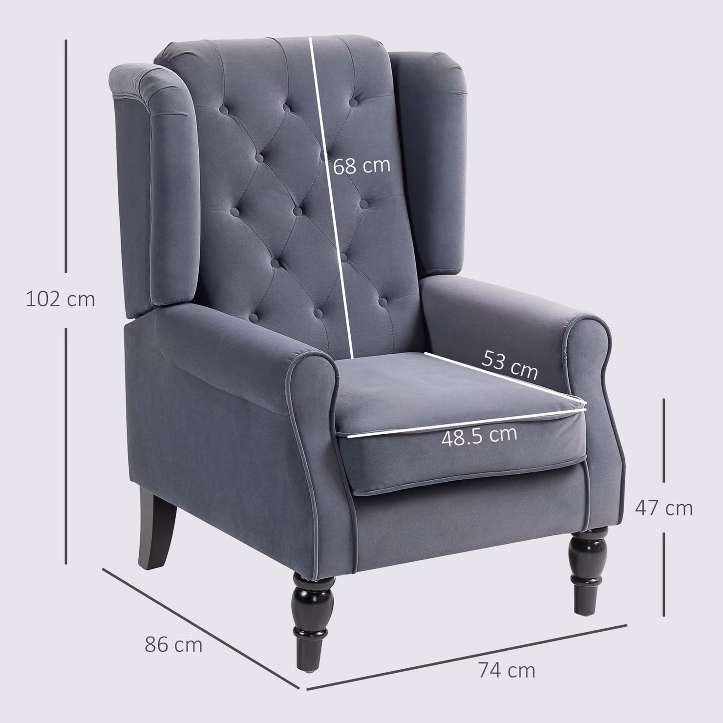 HOMCOM Retro Wingback Accent Chair in Grey Velvet with Solid Wood Frame – 3