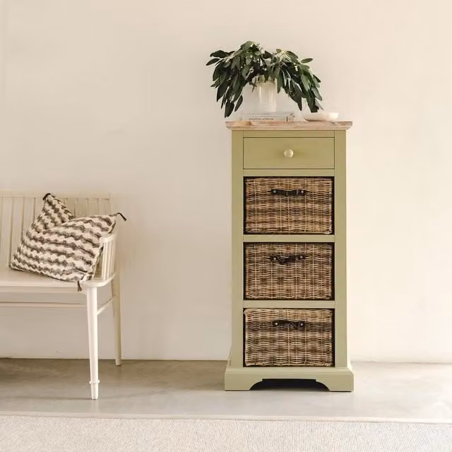 Florence Tallboy with Drawer and Storage Baskets in Sage Green, Acacia Wood, W/D/H: 42 x 54 x 113 cm
