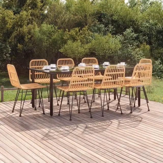 Berkfield Home 9 Piece Brown Poly Rattan Garden Dining Set with Glass Top and Powder Coated Steel Frame – 1