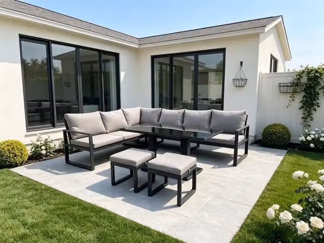 Fimous 8-Seater Corner Sofa Set with Height Adjustable Dining Table in Dark Grey Powder Coated Aluminium – 1
