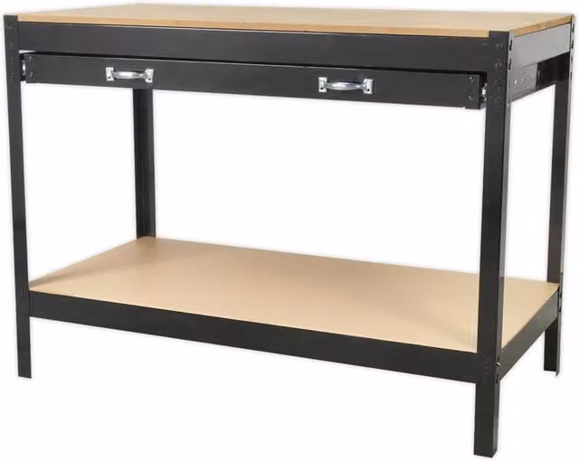 Loops Heavy Duty Steel Frame and Wood Work Top Workbench with Drawer and Shelf in Multicolour Black, W: 120 cm, D: 60.5 cm, H: 121 cm – 1