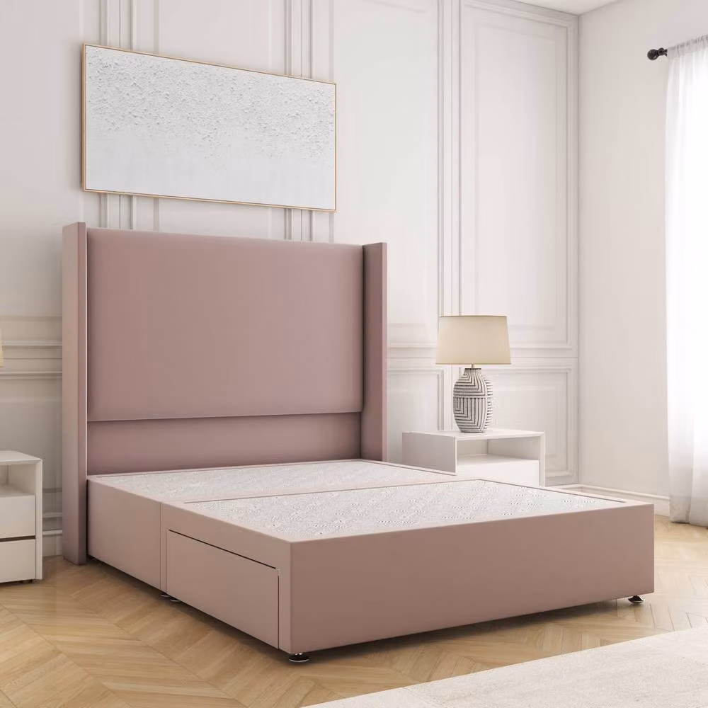 BSSPOKE Austin King Size Divan Bed with 2 Drawers, Plush Headboard and Footend in Pink Velvet Fabric, W/D/H: 180 x 200 x 30.48 cm
