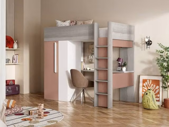 Vente-unique Single Loft Bed with Wardrobe and Desk in Grey, Pink and White, W/D/H: 200 x 90 x 183.1 cm