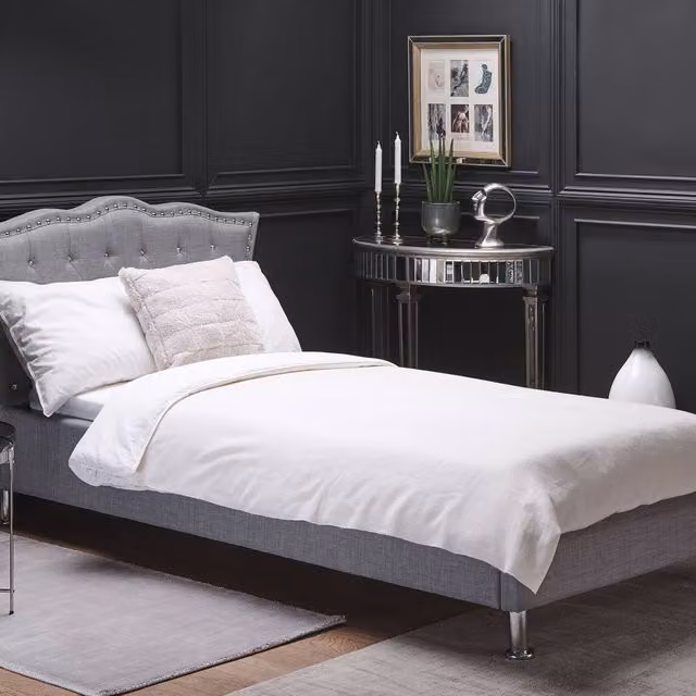Wyld and Coco Single Bed in Grey Fabric with Crystal Button Tufting, W/D/H: 90 x 200 cm