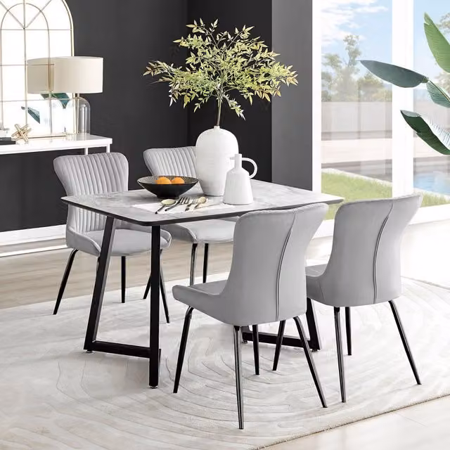 FurnitureboxUK Carson White Marble Effect Dining Table and 4 Nora Black Leg Chairs in Light Grey – 1